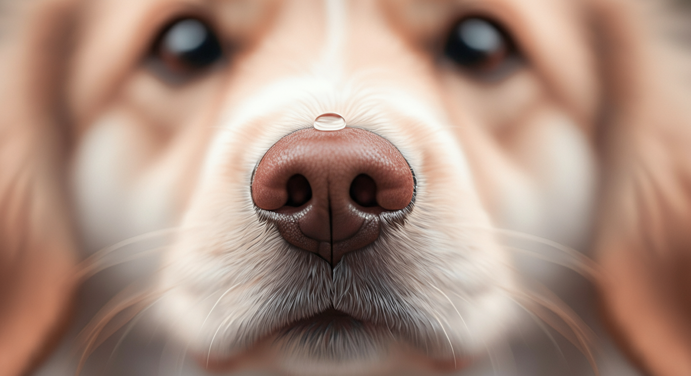 犬の鼻先についた水滴のクローズアップ写真。背景はパステルカラーでぼかされている。