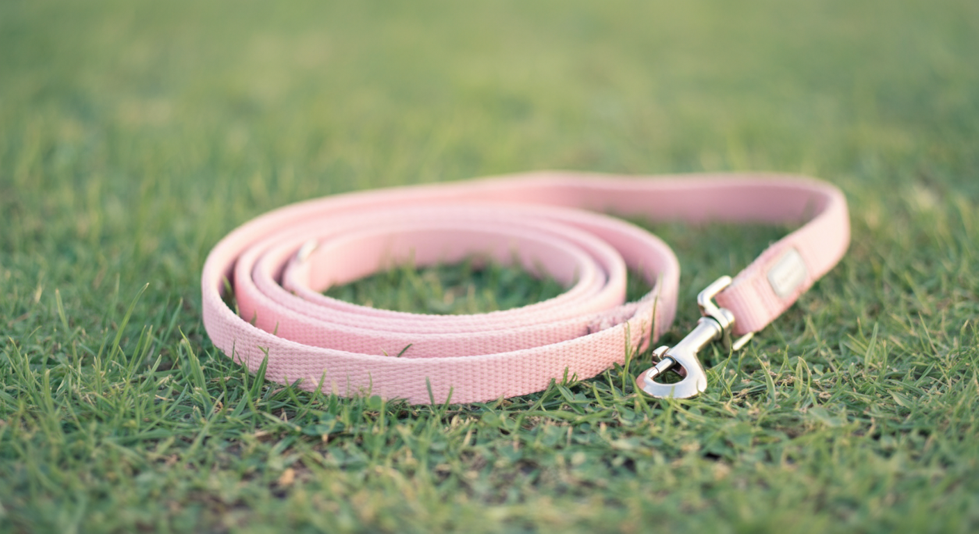 緑の芝生の上に、パステルピンクのリードが丸まって置かれている写真。クールダウンと休憩の時間を表現している。