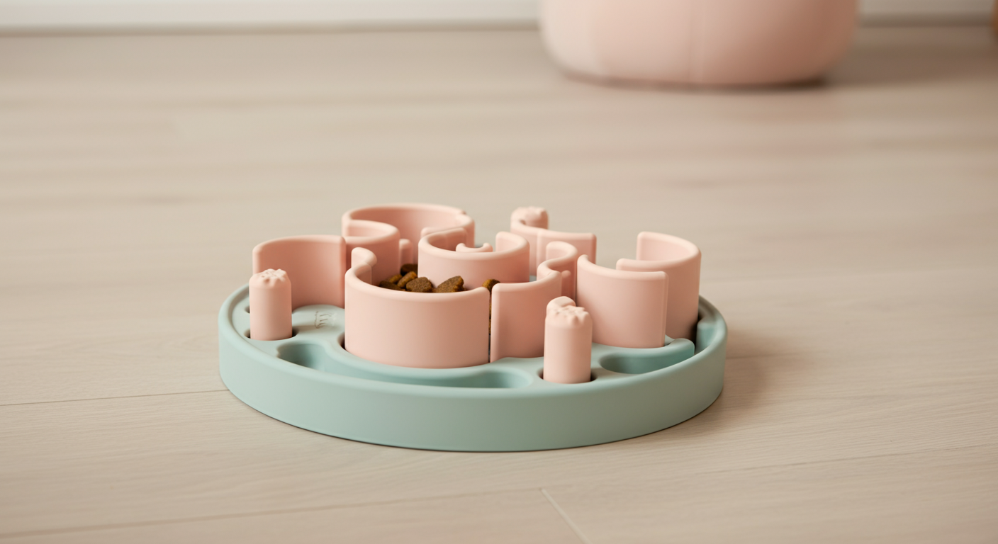 パステルカラーの知育トイ(パズルフィーダー)が、明るい色のフローリングの上に置かれている。中には一粒のドッグフードが見える。
