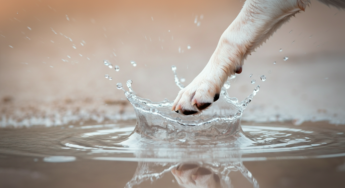 犬の足が水たまりで水しぶきをあげている様子。涼しさと水分補給を表現した、パステルカラーのミニマルな写真。