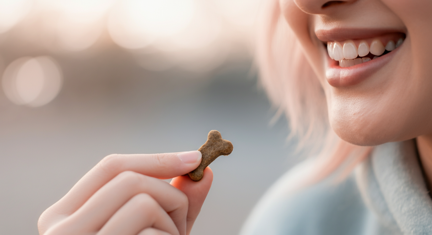 「いい子」と話しているような、笑顔の人の口元のクローズアップ。手前にはご褒美のおやつがぼんやりと写っている。