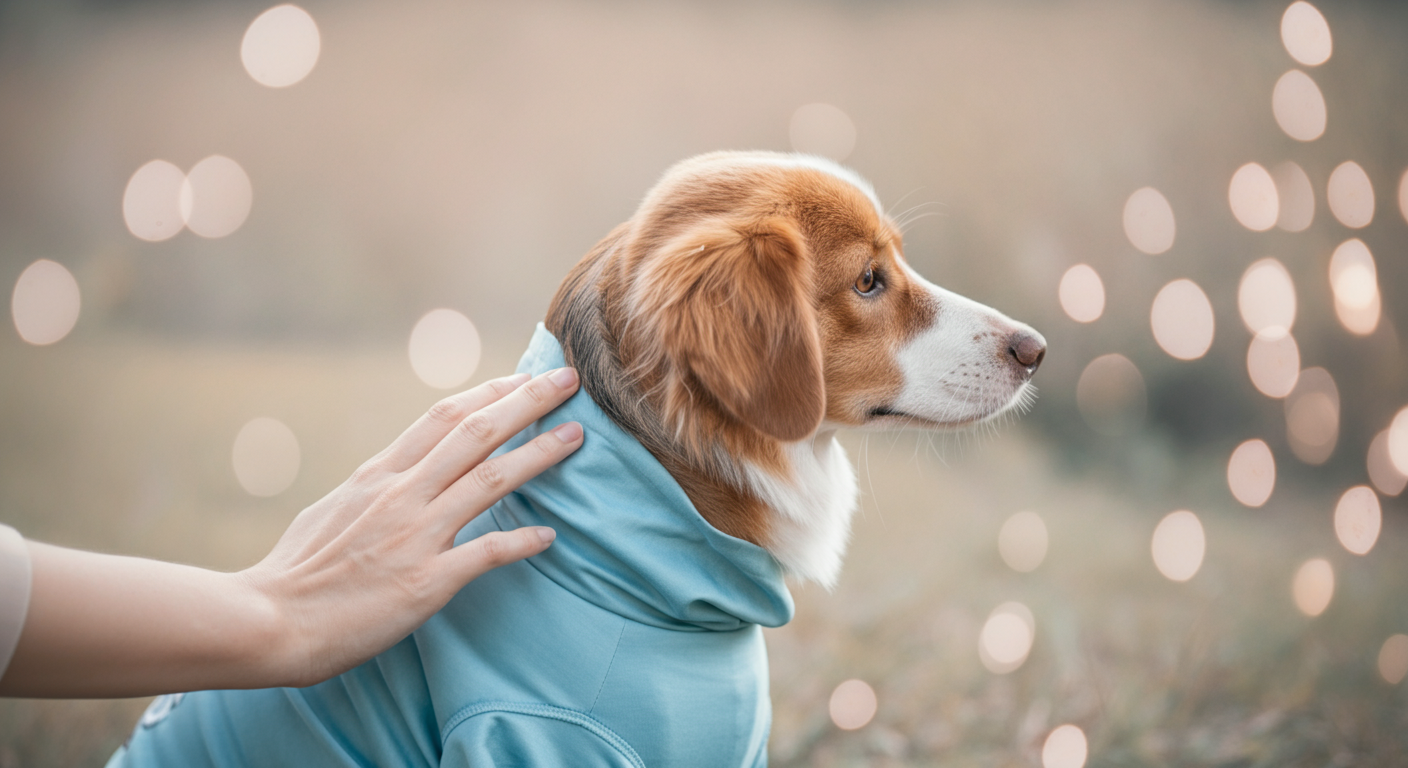 クールウェアを着た犬の体を優しく触って確認している飼い主の手。