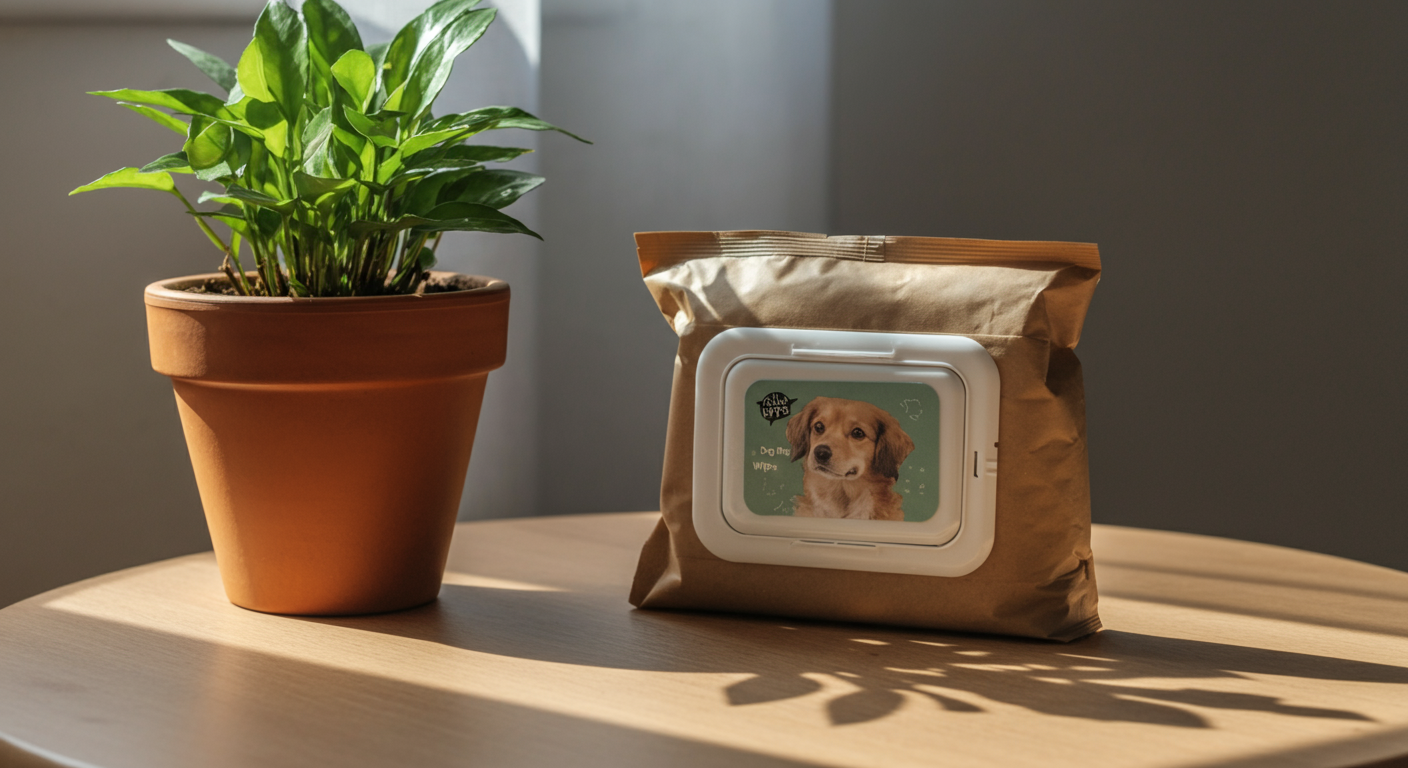 リサイクル素材でできた犬用ウェットティッシュのパッケージが、観葉植物の隣のテーブルに置かれている、ナチュラルでエコな雰囲気の写真。