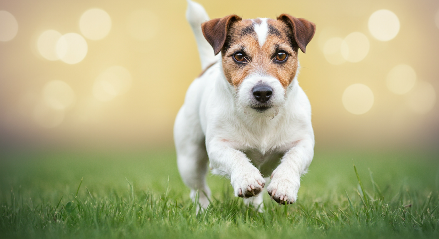 パステルカラーの背景の中、緑の芝生を元気に走る犬の足元のクローズアップ写真。
