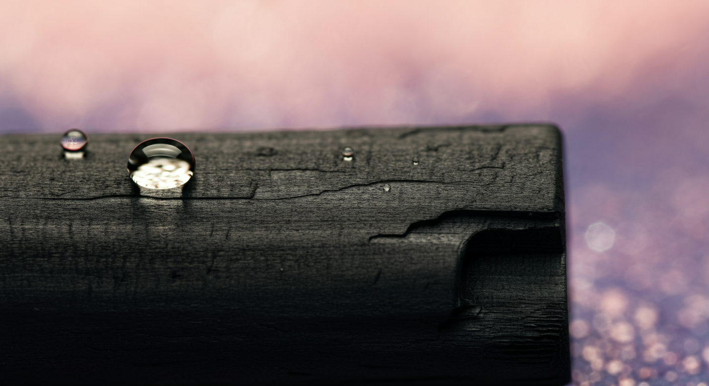 木炭の多孔質な質感を捉えたマクロ写真。表面に水滴が乗り、吸着力を示している。