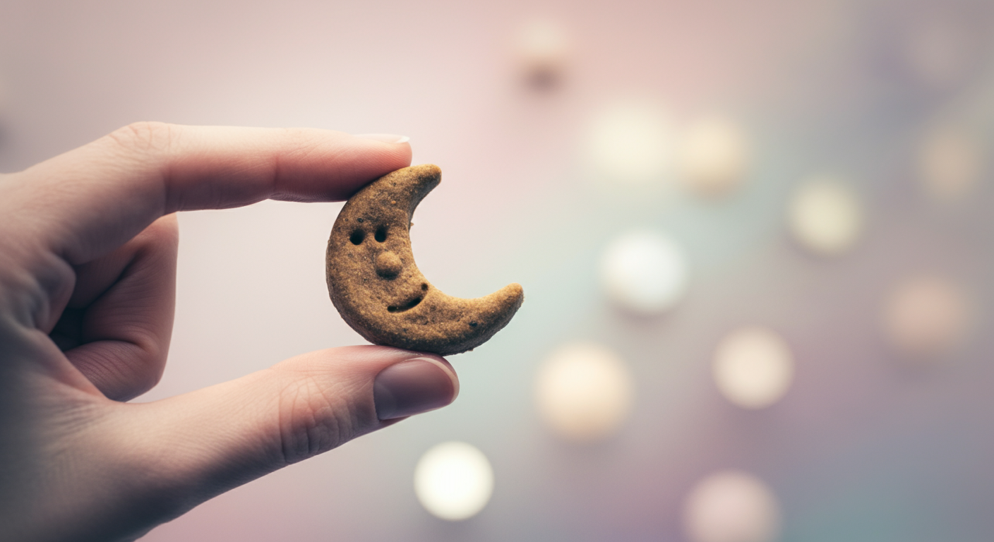 人の指に優しくつままれた、三日月形をした犬用おやつの写真。