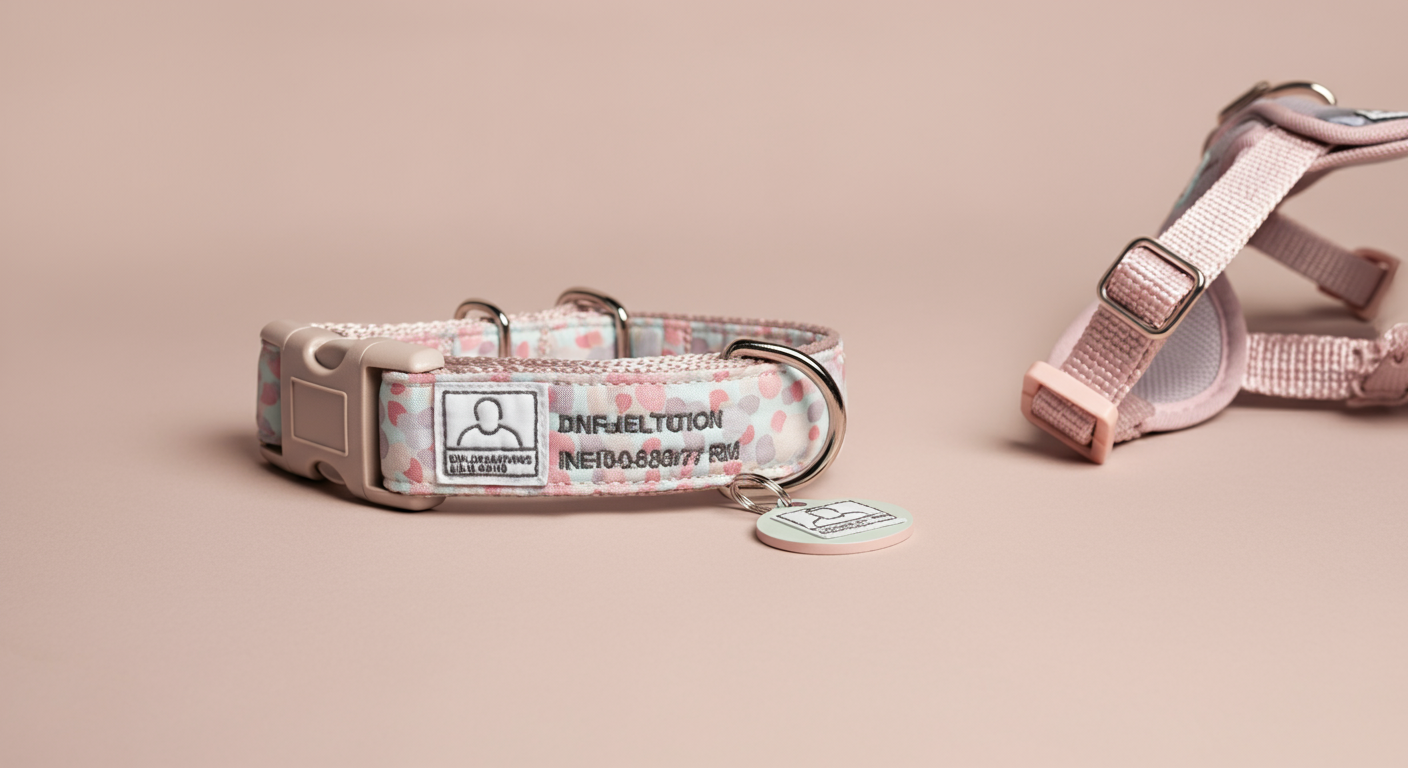 パステルカラーの布製首輪に直接刺繍された名前と、近くのハーネスに付けられた小さな迷子札が写っている抽象的な写真。