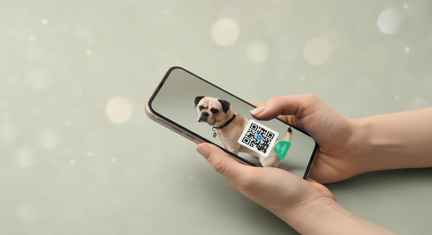スマートフォンで迷子札のQRコードをスキャンしている様子。情報が安全にやり取りされていることを示唆する構図。
