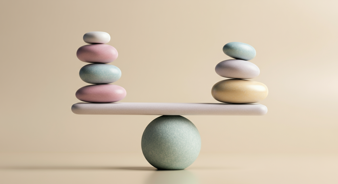 パステルカラーの滑らかな石が絶妙なバランスで積み上げられている。利点とリスクの均衡を象徴。