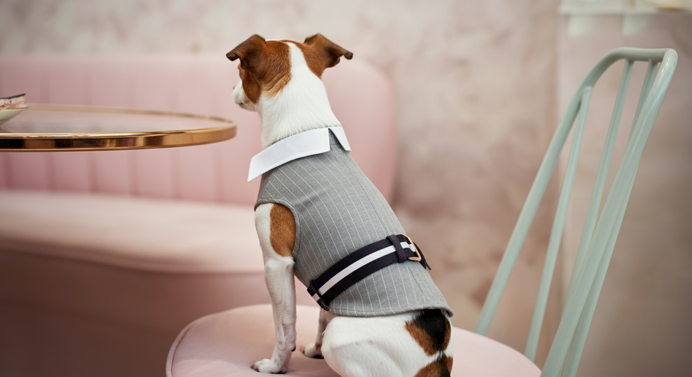 おしゃれなストライプ柄のマナーベルトを着けた犬が、パステルピンクの椅子に上品に座っている後ろ姿。背景はドッグカフェのような空間。