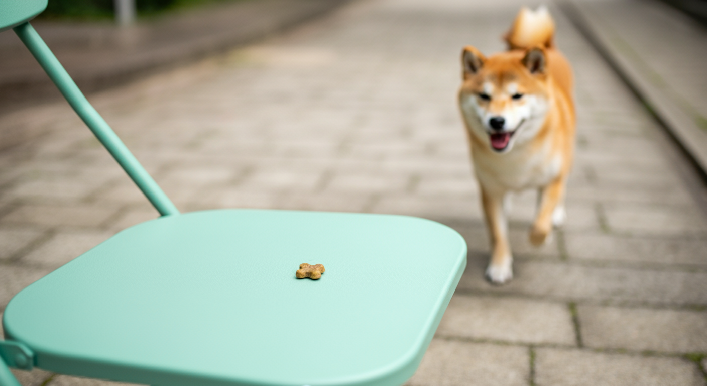 ミントグリーンの折りたたみ椅子の上に置かれた犬用おやつ。背景にはぼやけた芝生と一匹の柴犬が見える。