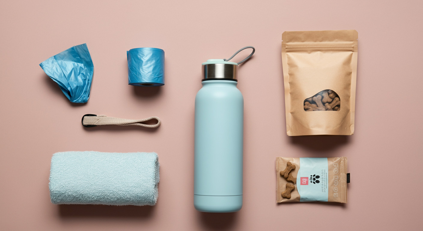 パステルカラーのドッグラン用持ち物（水筒、うんち袋、おやつ）が綺麗に並べられているミニマルな写真。