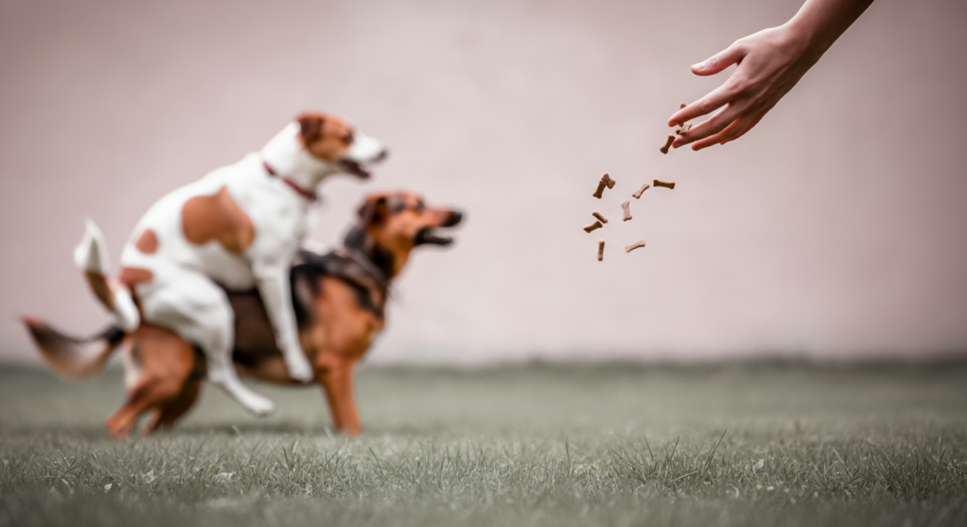 マウンティングされそうになっている犬の状況を打開するため、飼い主が地面におやつを数粒ばらまいている瞬間。犬たちの注意が地面に向かっている。