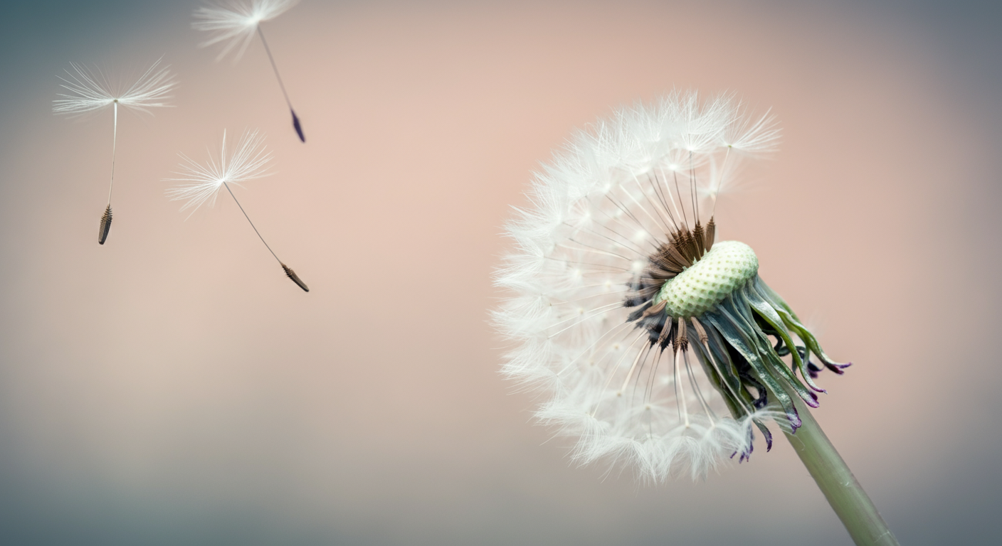 綿毛が穏やかに飛んでいくタンポポのアップ。腸内環境の改善を優しく表現