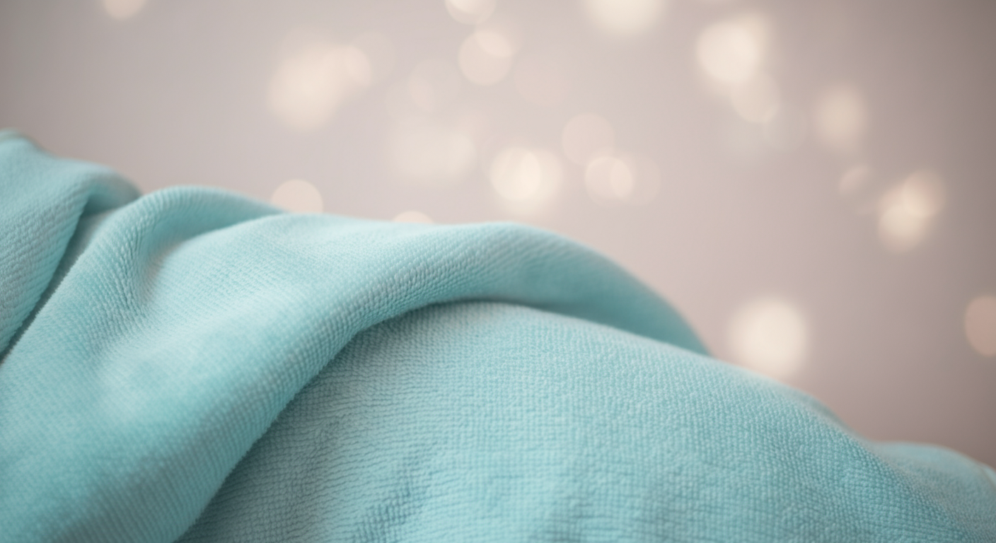 パステルブルーの吸水タオルが犬の背中にふわりとかけられている写真。