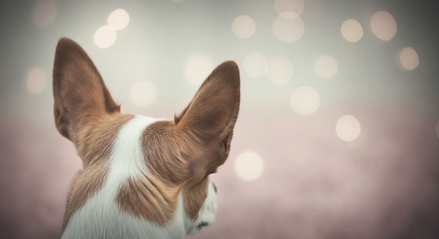 パステルカラーの柔らかい光の中で、物音に反応して少し後ろを向いた犬の耳のクローズアップ写真。