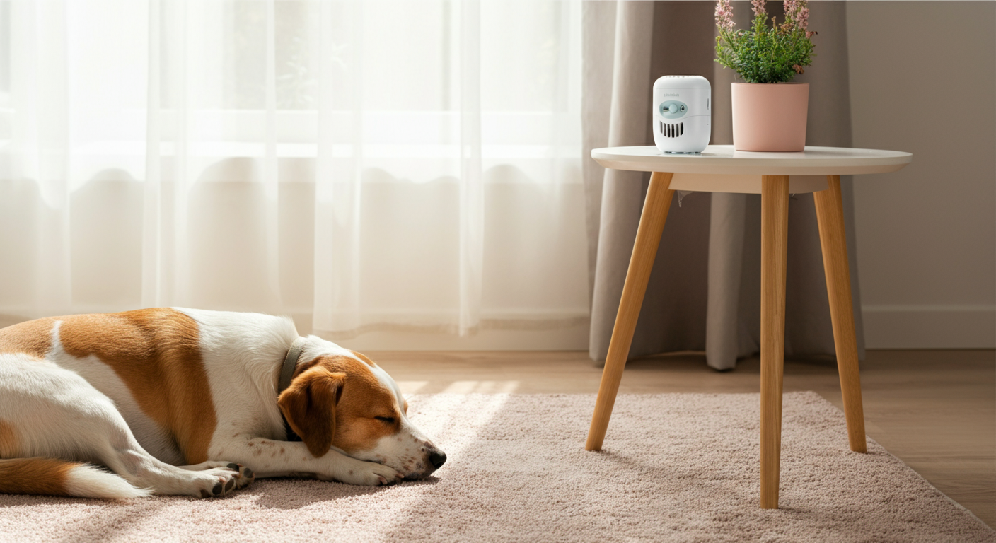 明るい窓辺で眠る犬と、サイドテーブルに置かれた置き型の虫除け