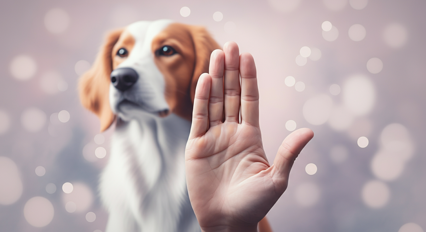 犬を背景に、人が優しく「ストップ」のジェスチャーをしている手の写真。愛犬を守る意思を表現している。