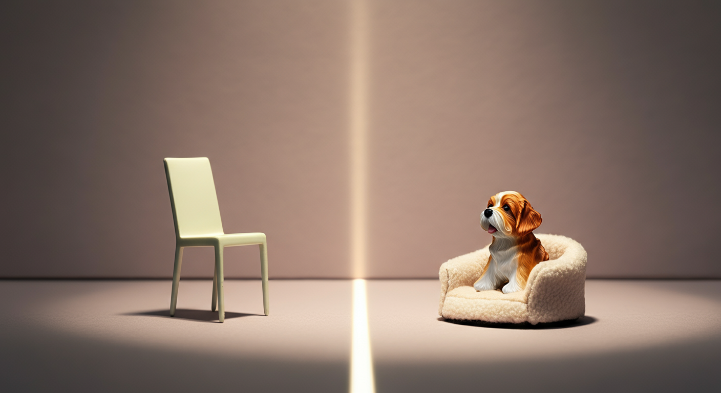 人間の椅子と犬の椅子、二つのミニチュアが並んでいる。その間を光が繋いでいる。