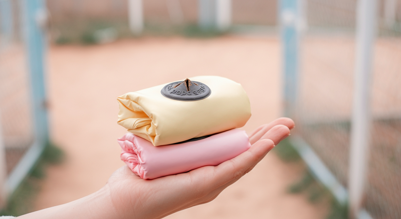 パステルピンクとライトイエローのうんち袋を2枚重ねて持っている手元。背景はドッグランの入り口がぼやけている。