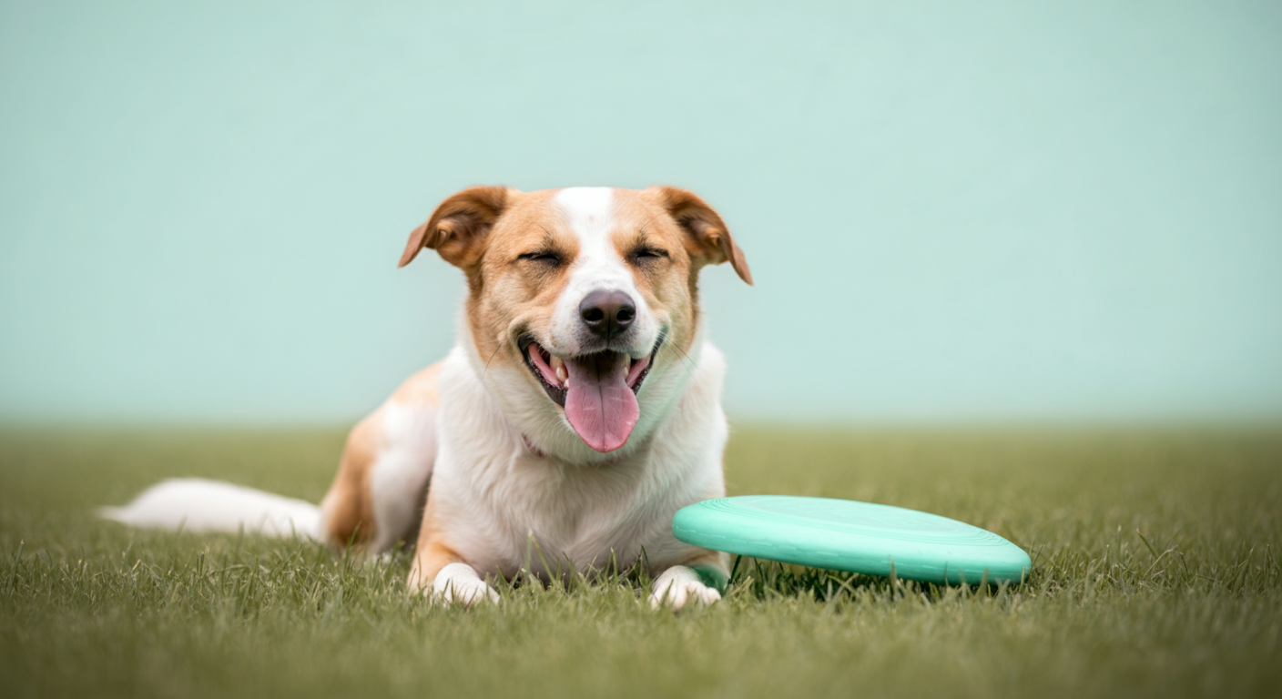 フリスビー遊びの後、芝生の上で満足げに舌を出して休んでいる犬