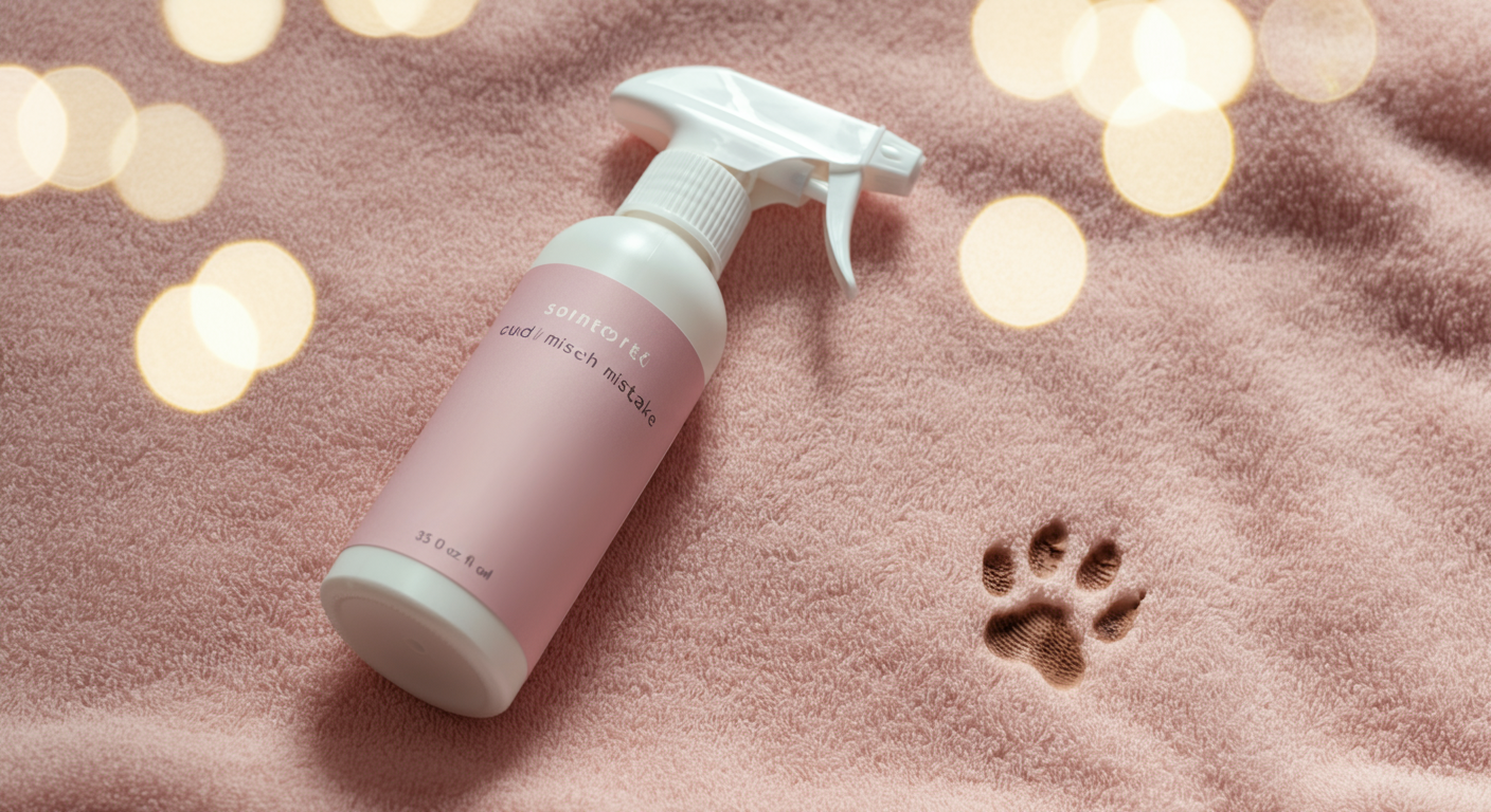 パステルカラーのミニマルな写真。清潔なタオルの上に置かれた消臭スプレーボトルと、その横に可愛らしい犬の足跡がついている。