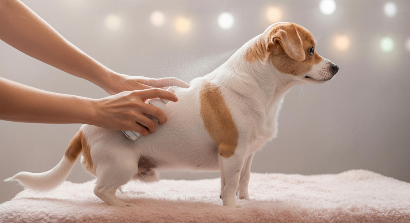 飼い主がスプレーを自分の手に取り、それを犬の足やお腹に優しく塗りつけている様子のクローズアップ。