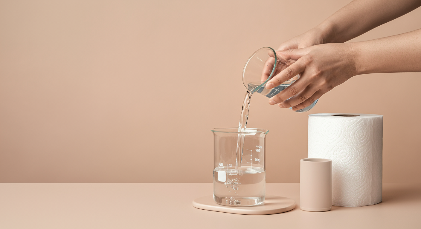 容器に入ったキッチンペーパーロールに、ビーカーから液体を注いでいる手元のクローズアップ写真。液体を注ぐ動きが美しく捉えられている。