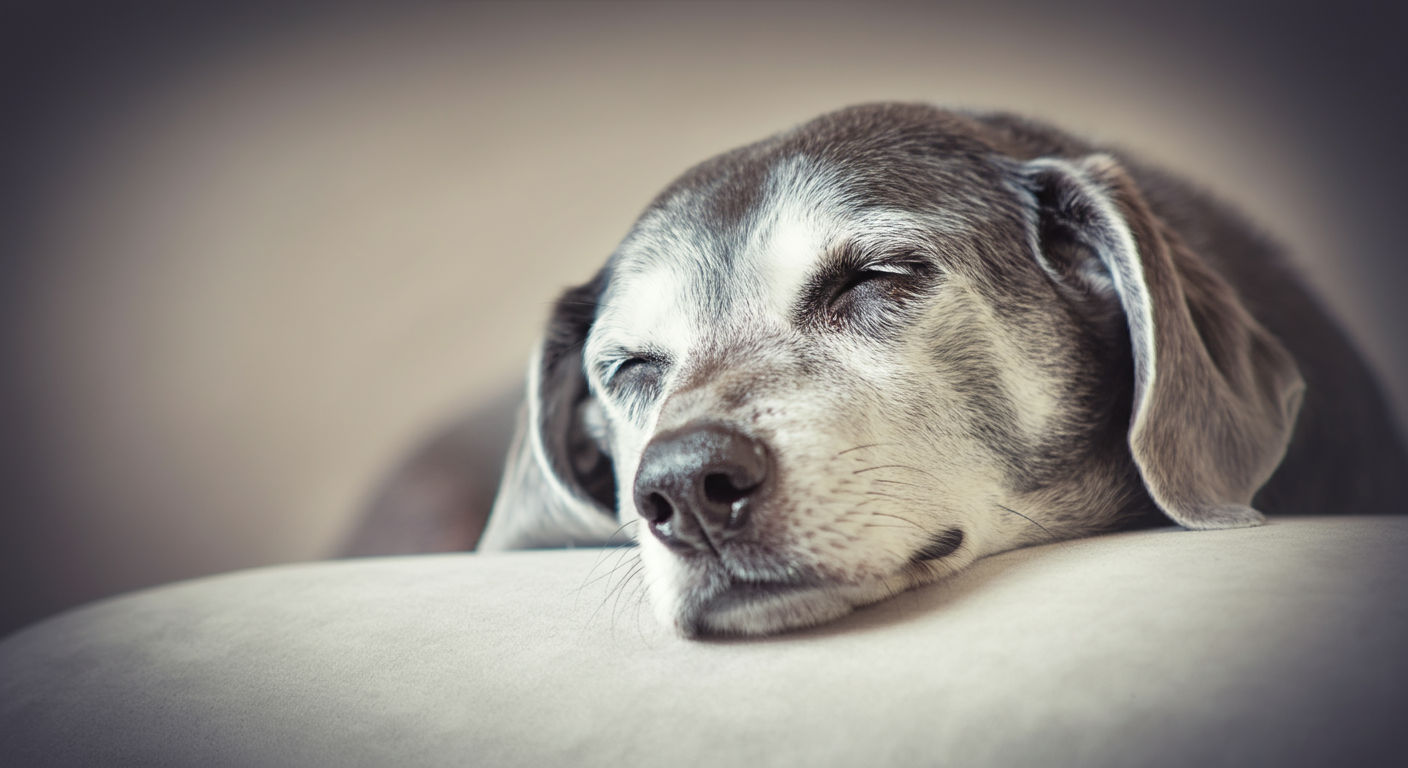 パステル調の光の中で穏やかに眠るシニア犬の横顔。白くなった口周りの毛が、重ねた歳月を物語っている。
