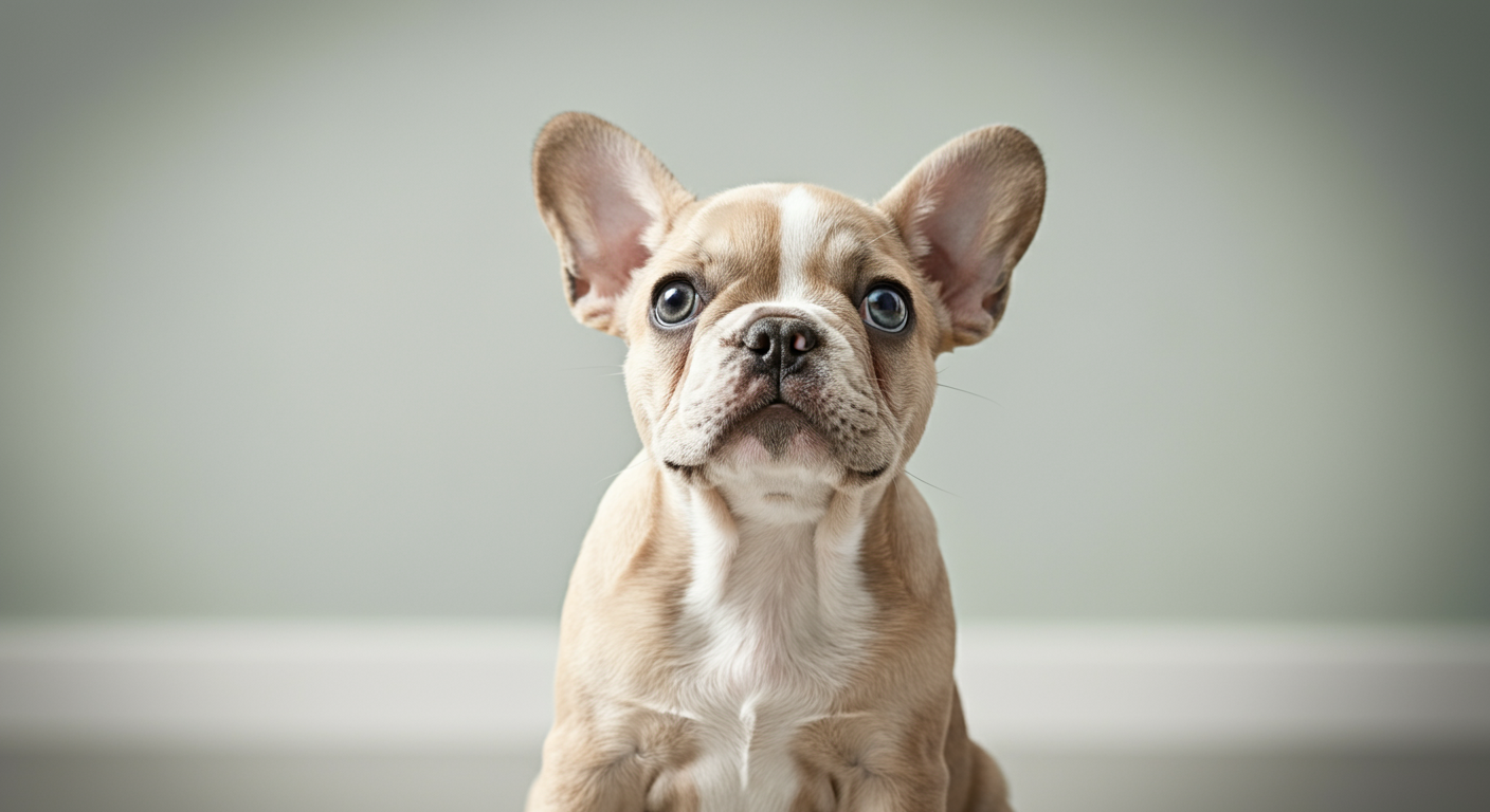 パステルカラーの落ち着いた空間で、首をかしげて飼い主を不思議そうに見上げる一匹のフレンチブルドッグ。