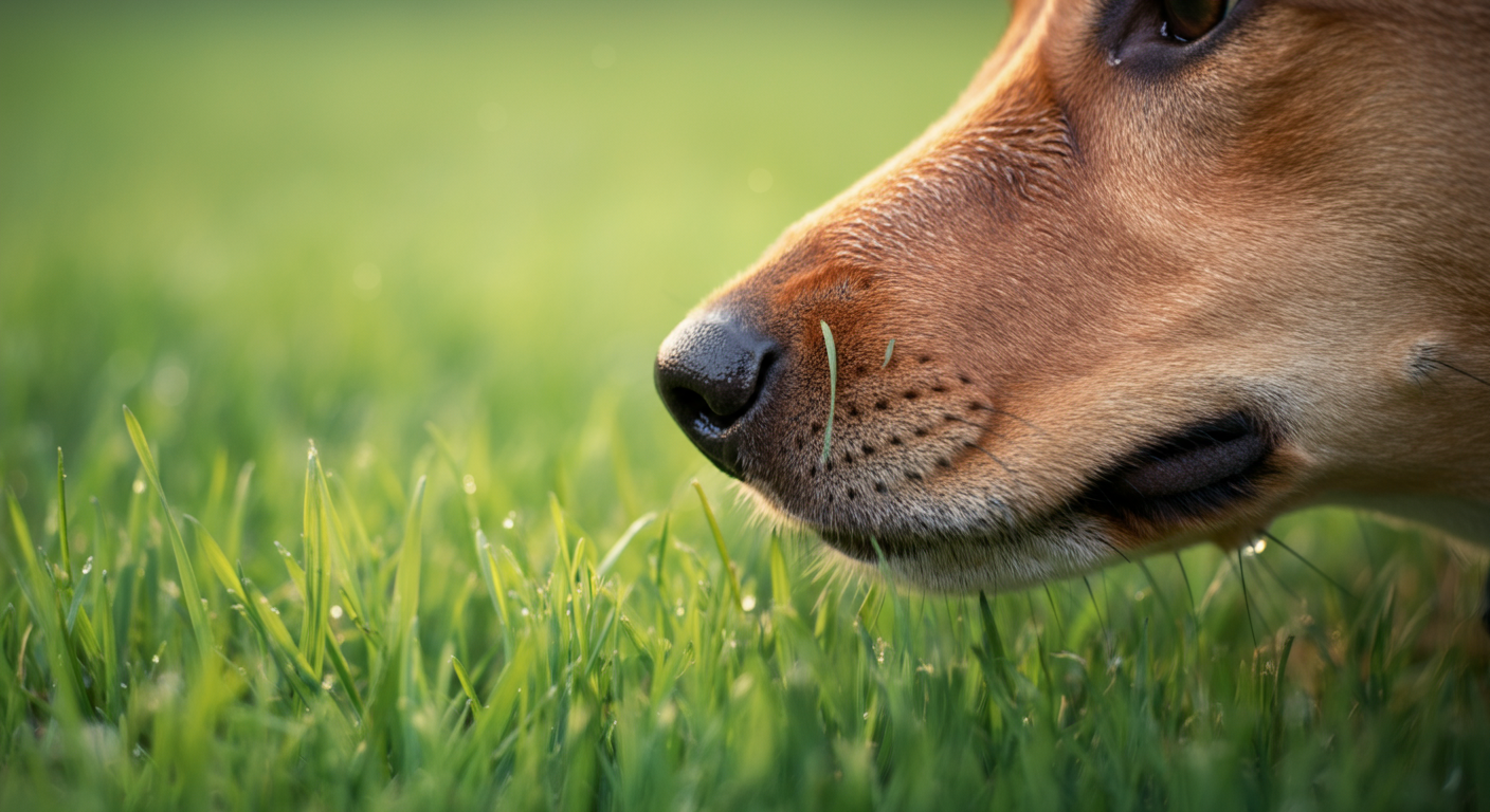 公園の芝生に鼻を近づけて、何かを熱心に探している犬の鼻先のアップ。