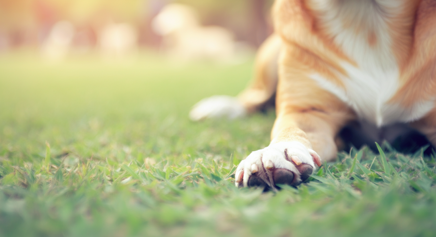 日当たりの良いドッグランの芝生に置かれた一匹の犬の足。背景には他の犬や人がぼんやりと写っている。