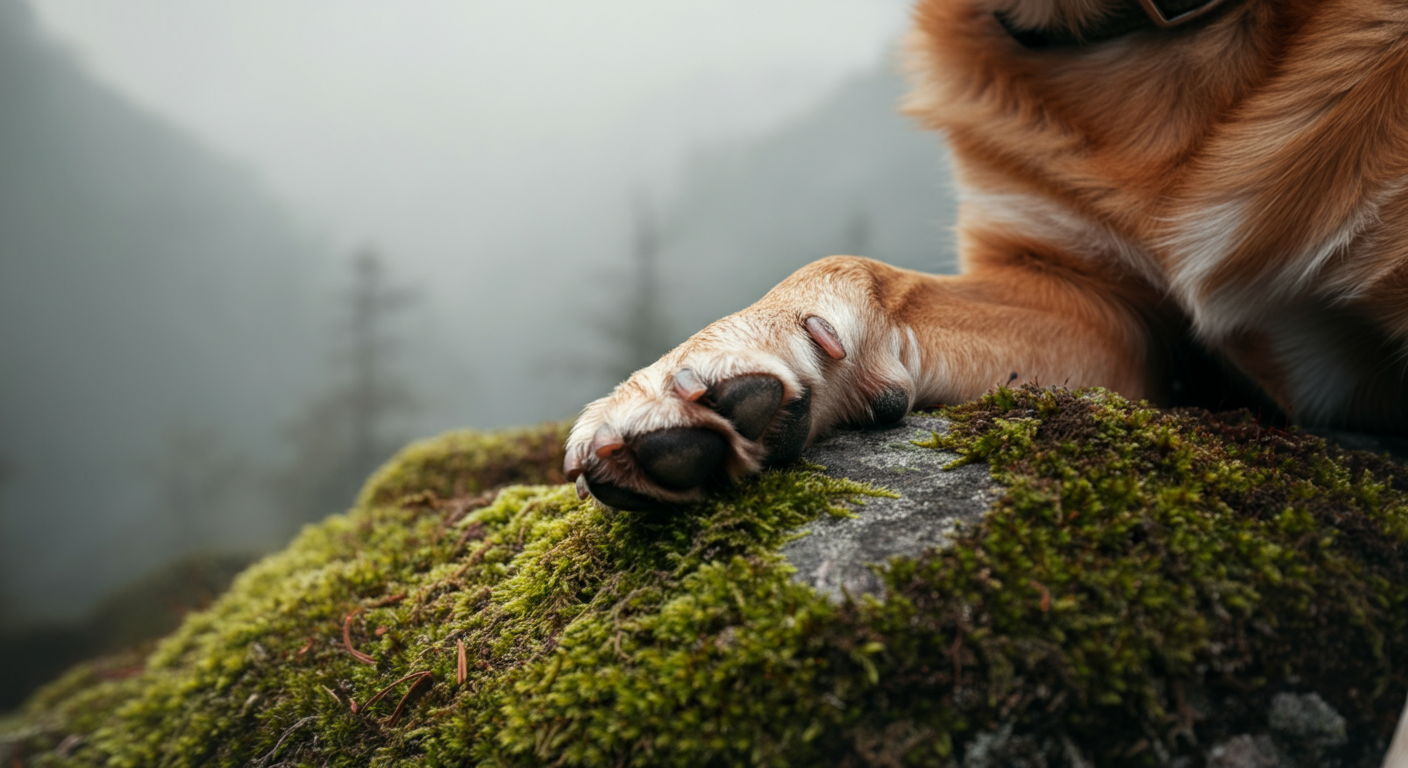 苔むした岩の上に置かれた犬の足のクローズアップ。背景には山の霧が見える。