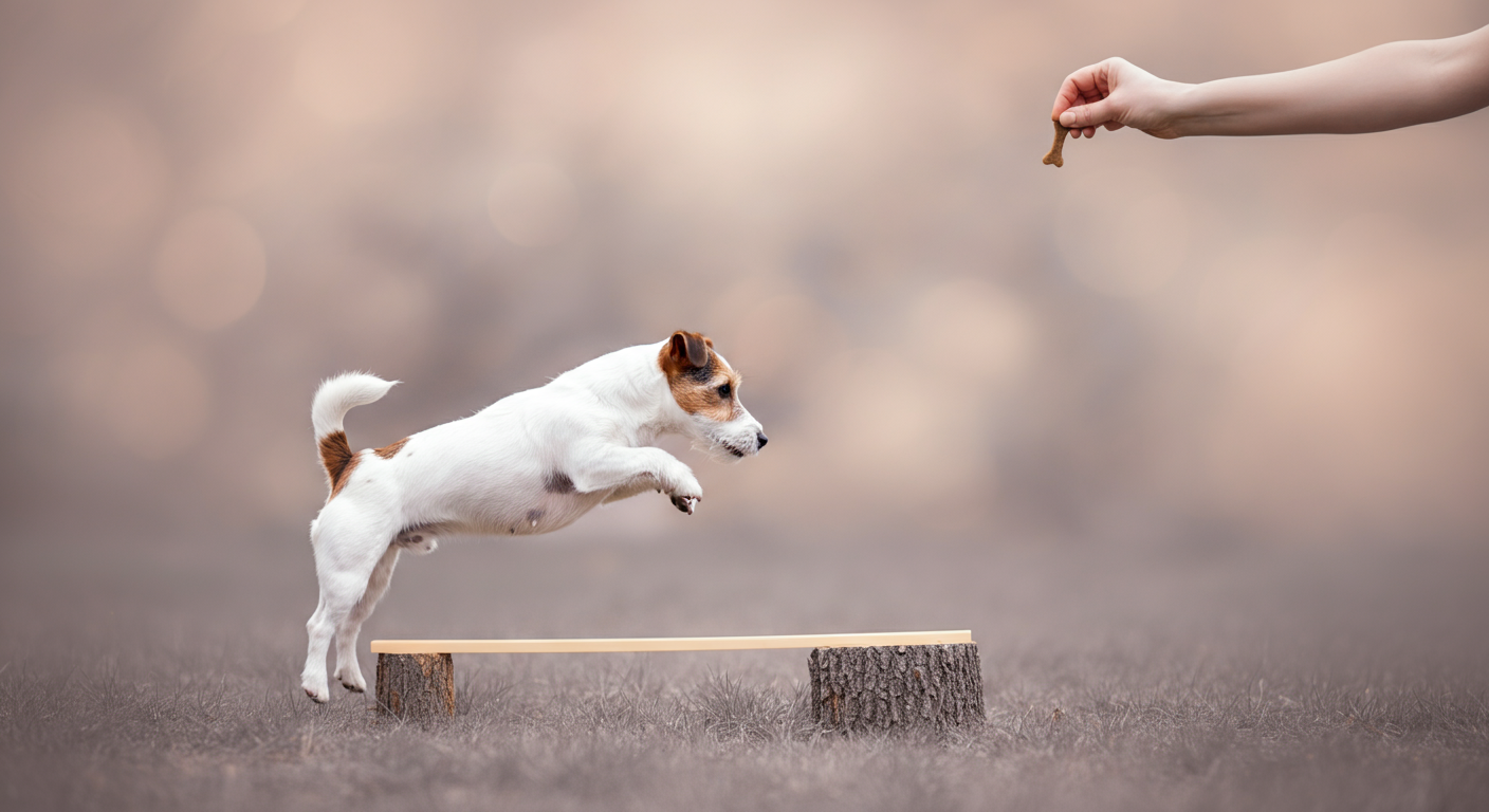 飼い主が持つトリーツに導かれ、ドッグランにある低い丸太を軽やかに飛び越えようとしている一匹のジャックラッセルテリア。