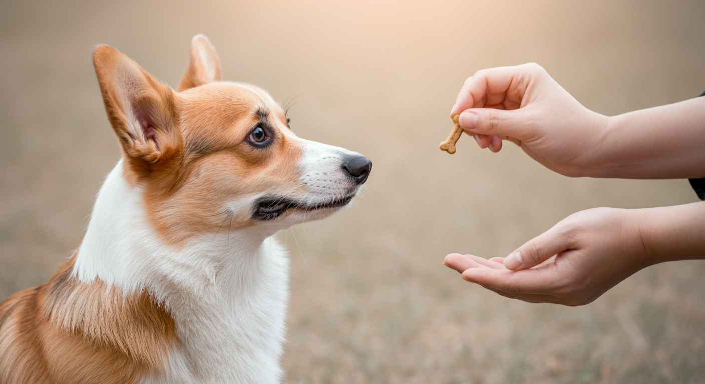 飼い主が、ご褒美のおやつをコーギーにあげながら、優しく背中を撫でている様子。