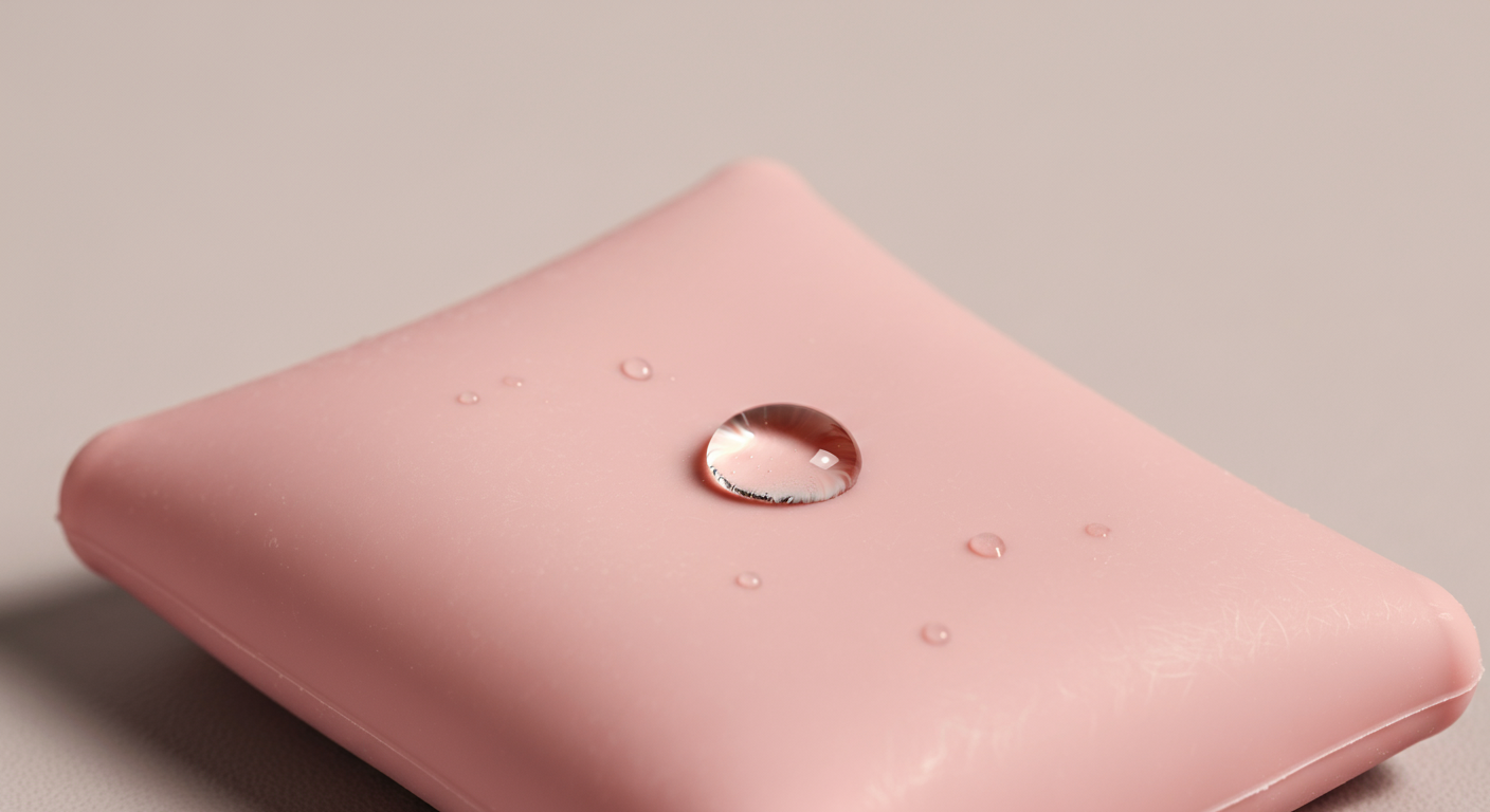 パステルピンクのシリコン製トリーツポーチの滑らかな質感に焦点を当てたマクロ撮影。表面には水滴が一粒乗っている。