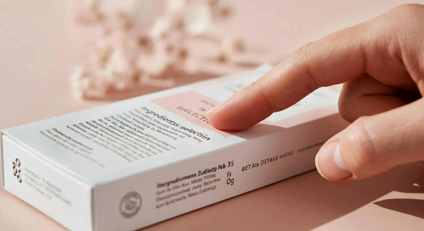 ミニマルなデザインの製品パッケージの裏にある成分表示を、人が指で慎重に確認しているマクロ撮影写真。