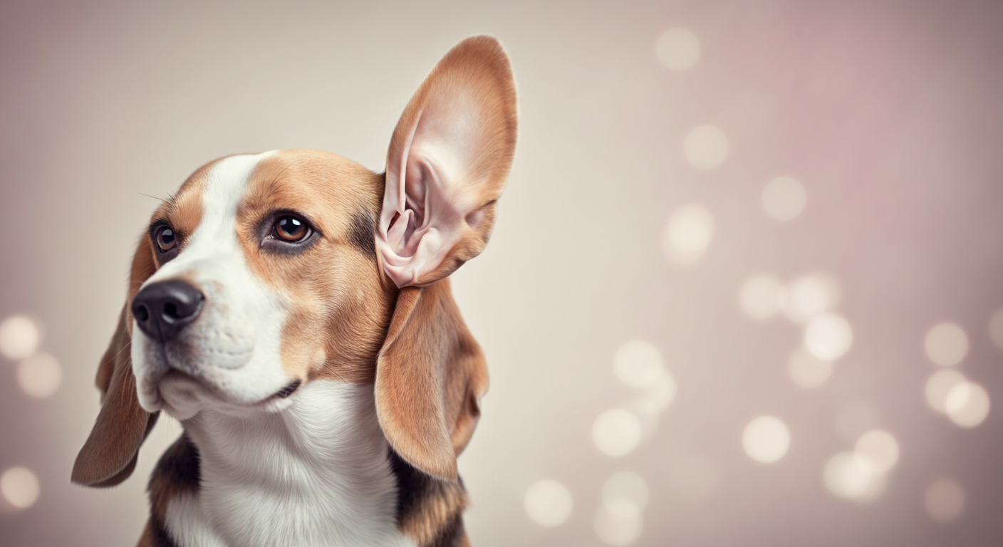 音への敏感さを示唆する、ビーグルの垂れた耳のクローズアップ。