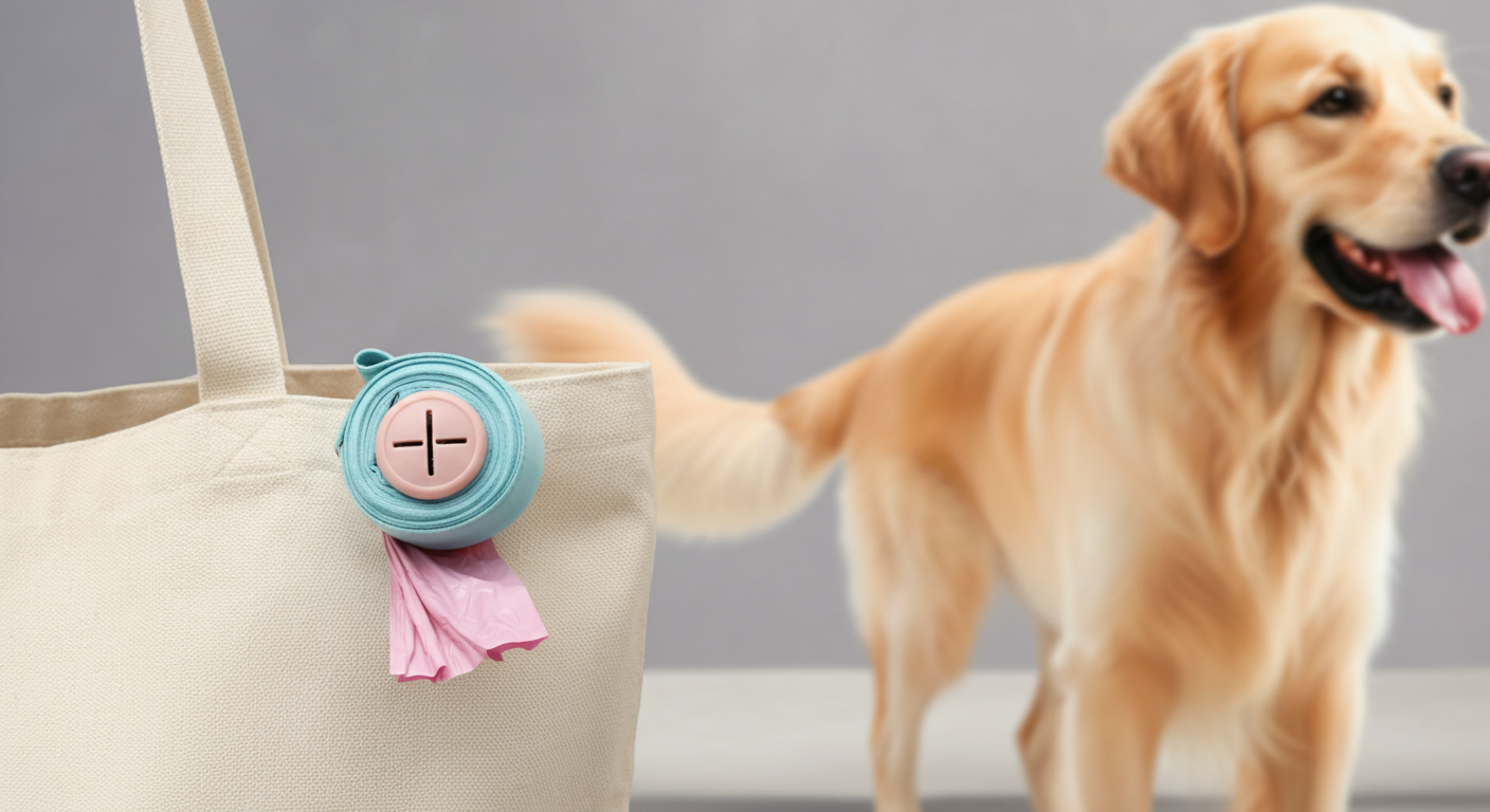 おしゃれなトートバッグの取っ手に付けられた、パステルカラーのうんち袋ディスペンサーのクローズアップ。