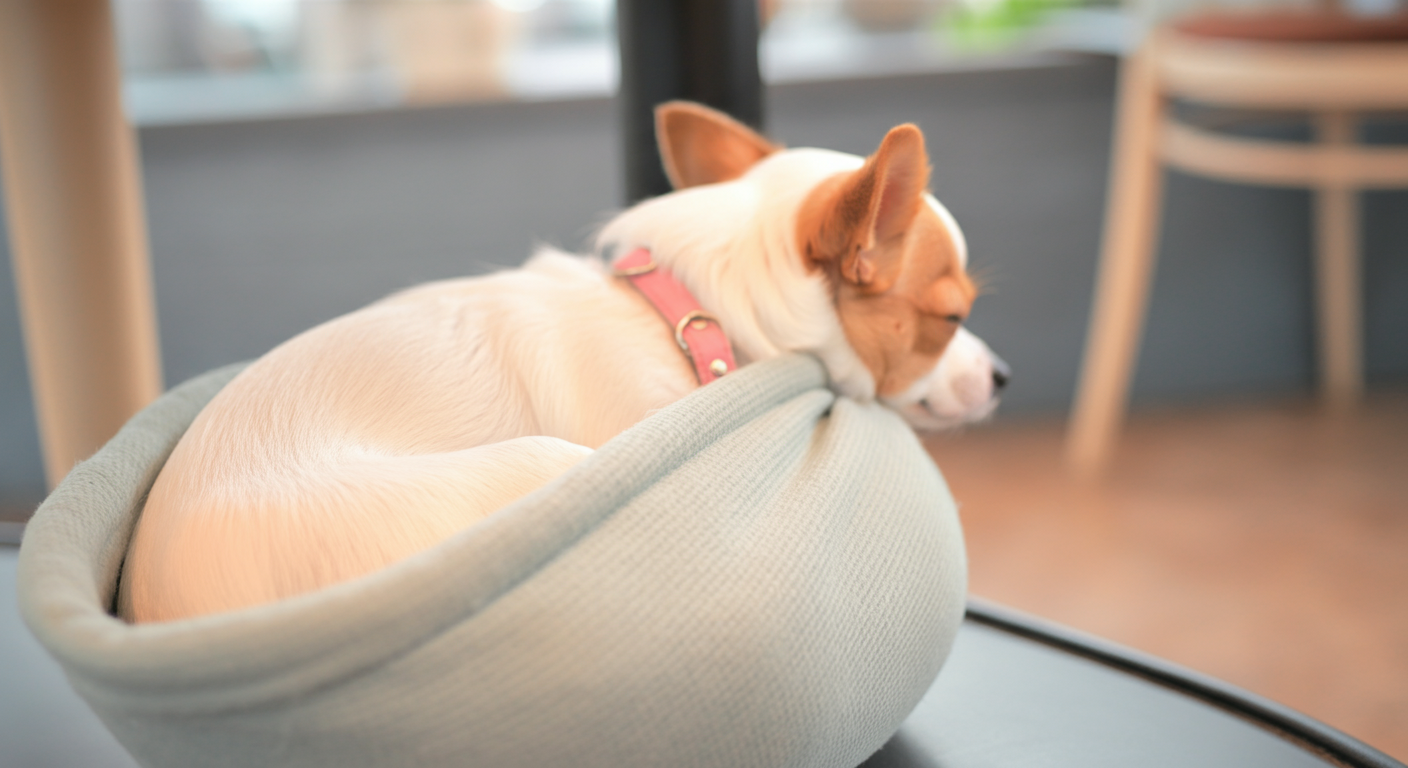 カフェのテーブルの下、スリングの中で丸まって気持ちよさそうに眠っている小型犬の後ろ姿。