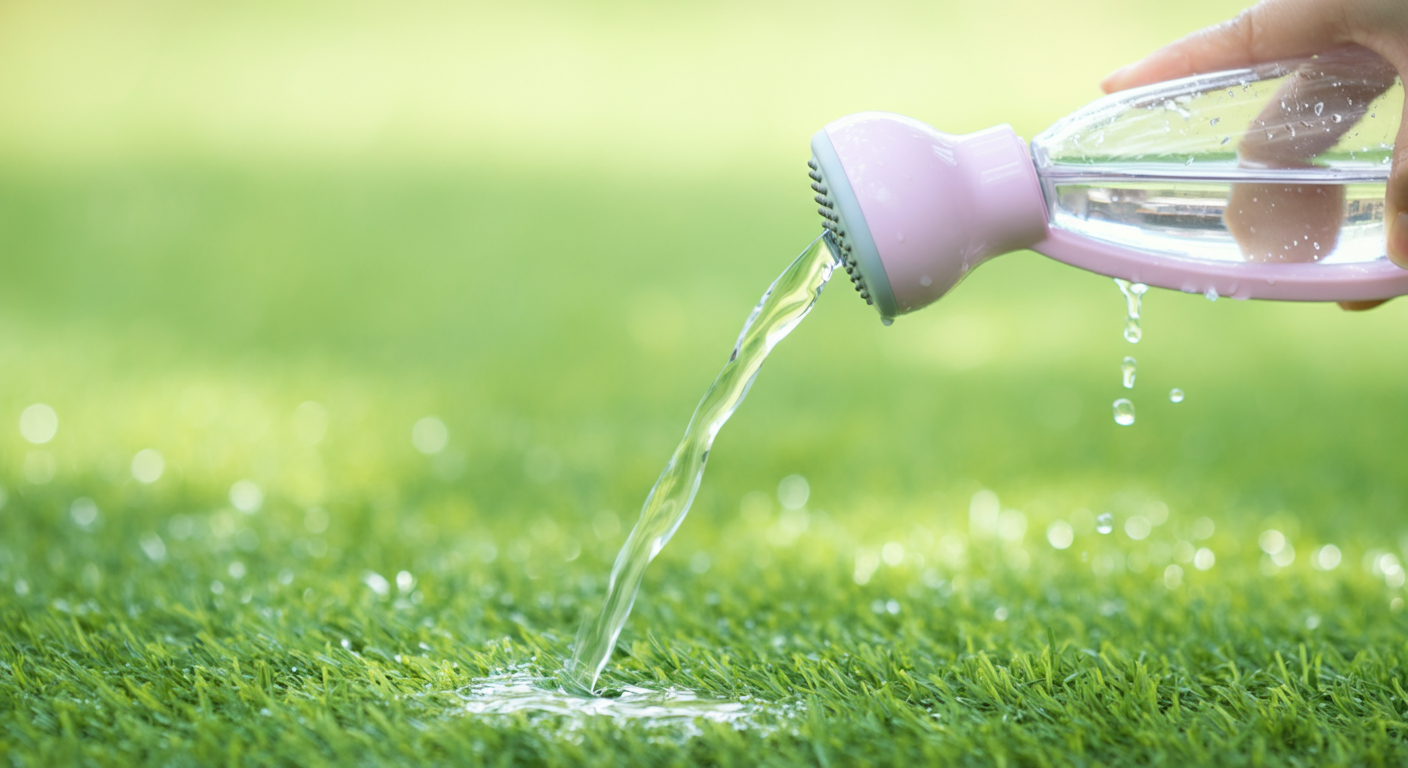 シャワーヘッド付きの給水ボトルから、芝生の上に水が流されている様子。