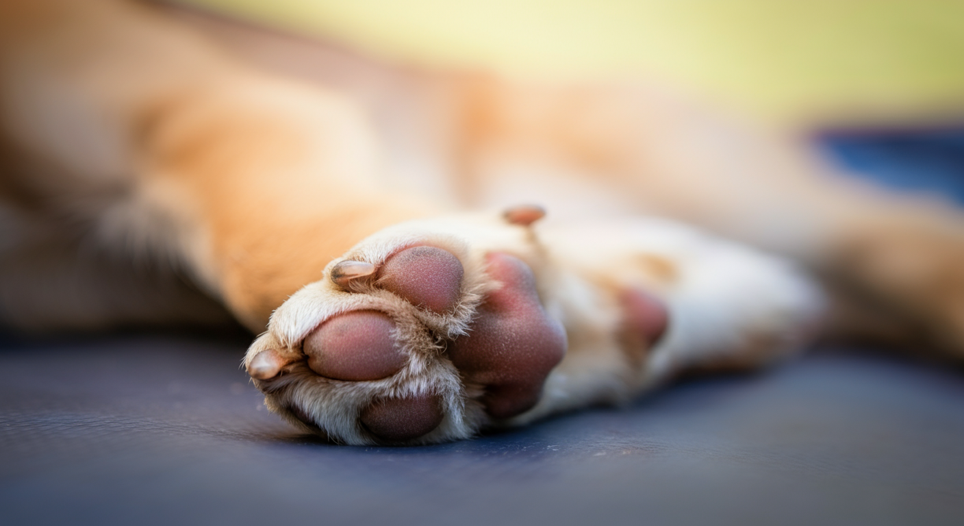 テントの中の涼しい床に置かれた犬の健康的な肉球のクローズアップ。外の暑さとの対比を表現している。