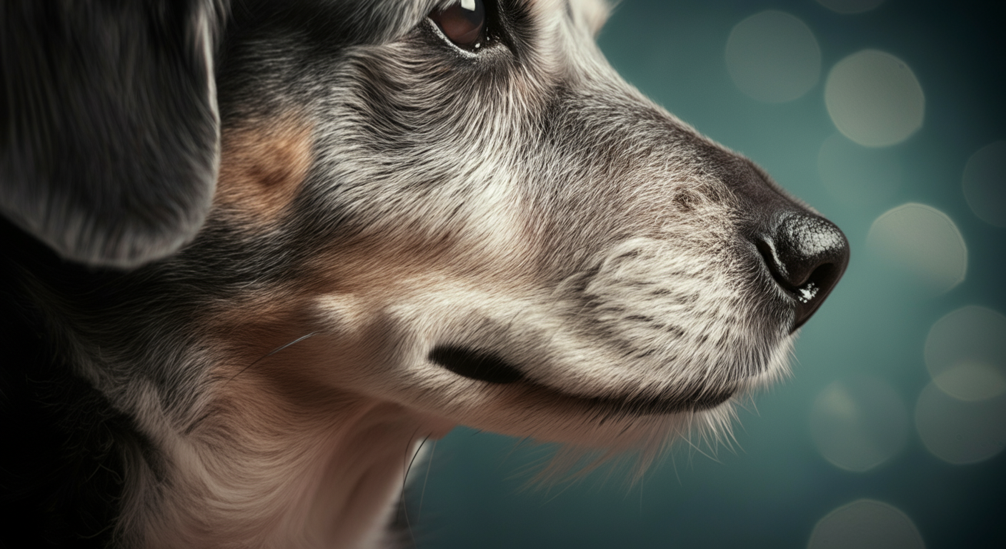 シニア犬の白くなった鼻先の毛を捉えたマクロ写真。年齢を重ねた尊厳を表現