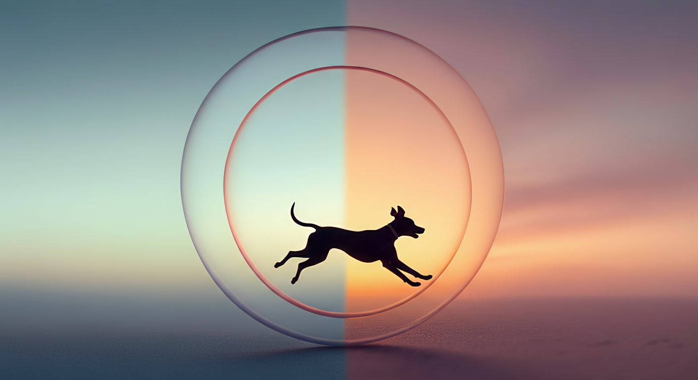 「前」と「後」を象徴する、日の出と日没の色の光の輪が重なり合う抽象的なイメージ。