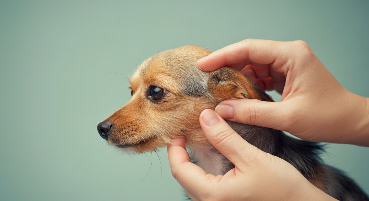 犬の毛を優しくかき分け、健康な皮膚の状態を確認している様子。