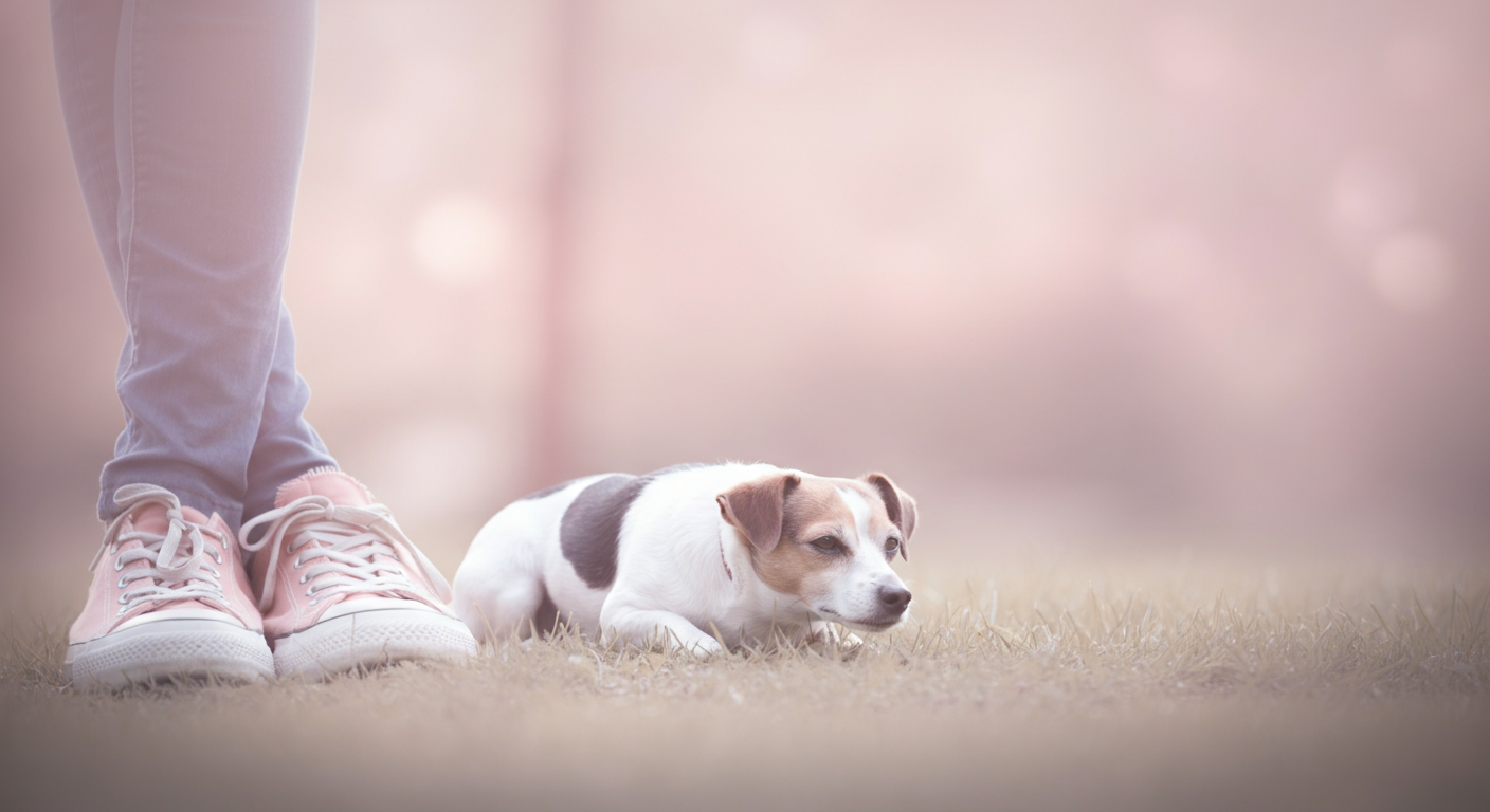 飼い主の足元で、一匹の犬が安心してくつろいでいる様子のローアングル写真。