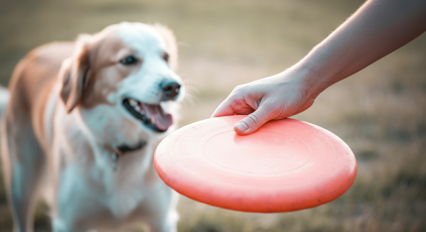 フリスビーを投げる直前の人の手と、それを見つめる犬の横顔