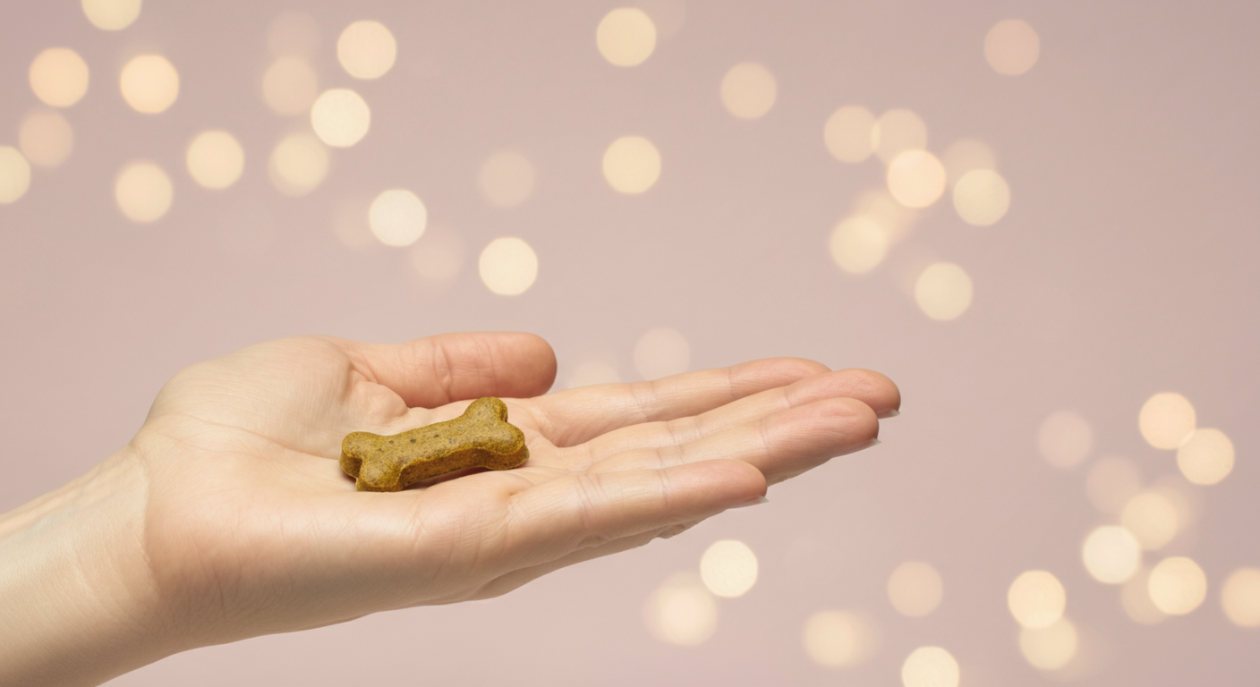 人間の手のひらに乗せられた一つのおやつを丁寧に差し出す様子