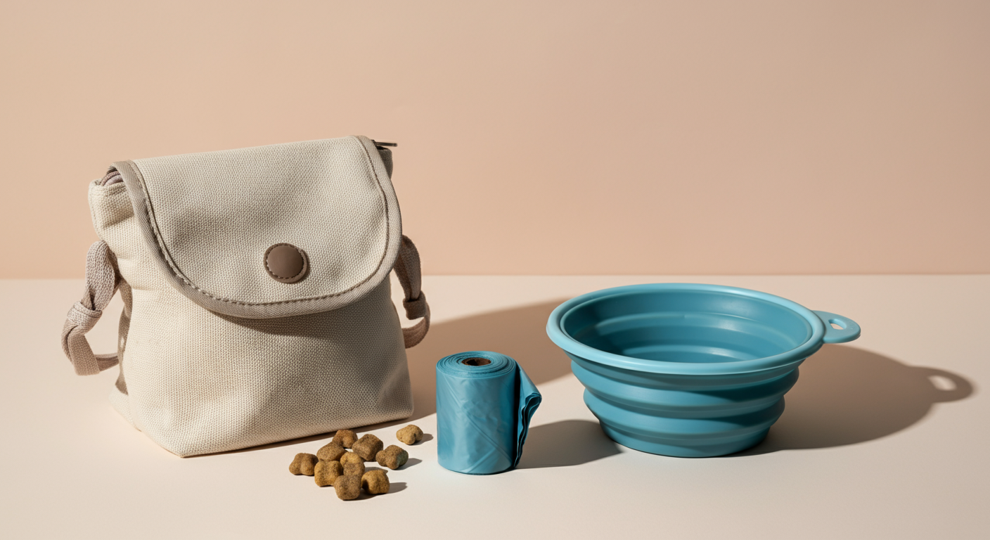 おしゃれなトリーツポーチ、折りたたみ式の水入れ、うんち袋がすっきりと並べられている