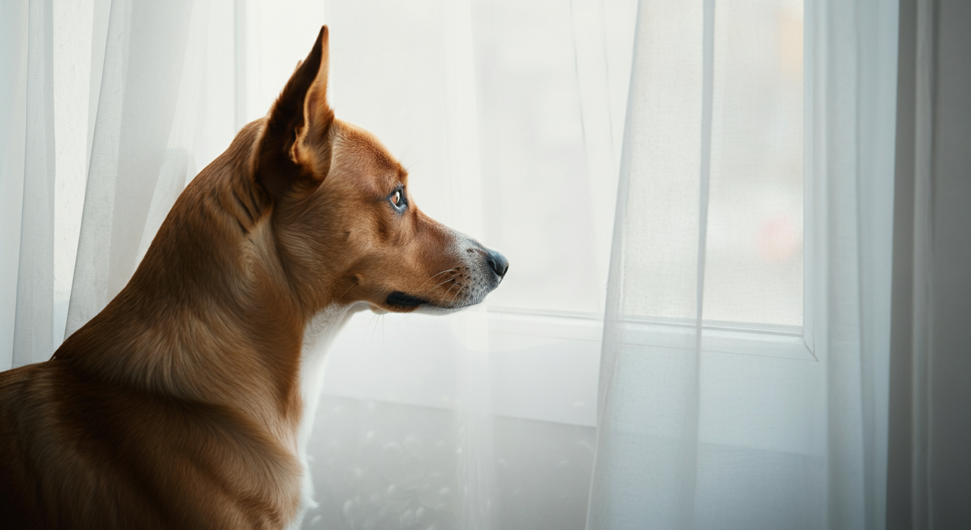 窓の外を眺めて飼い主の帰りを待っている犬のシルエット。